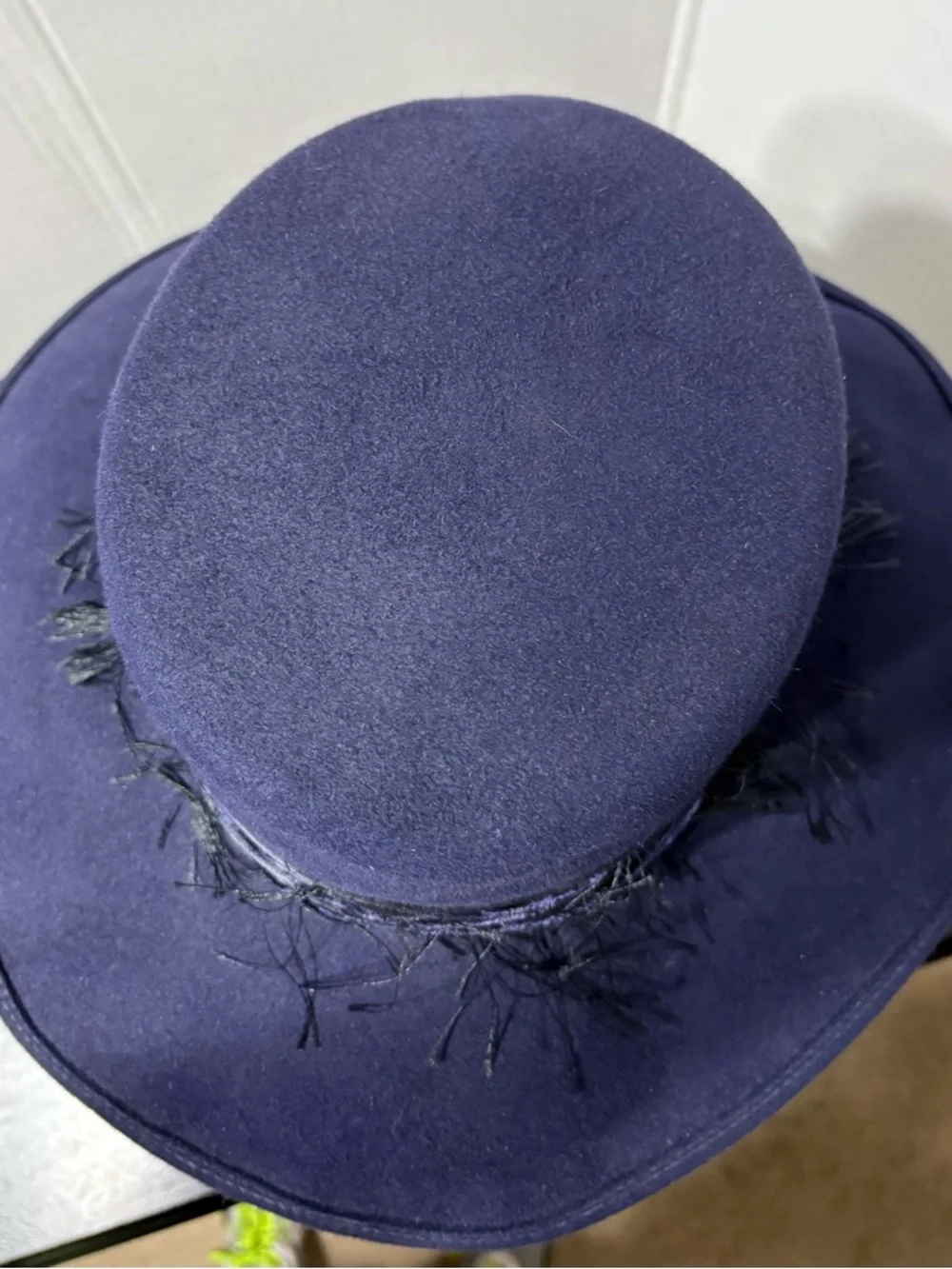 Patricia Underwood Navy Wide-Brim Wool Fedora Hat with Black Decorative Band